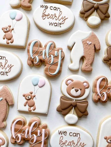 Bear Gender Reveal Cupcakes, Bear Theme Gender Reveal Cake, Teddy Bear Gender Reveal Cookies, Teddy Bear Baby Shower Sugar Cookies, Bear Gender Reveal Cookies, We Can Barely Wait Cookies, We Can Bearly Wait Cookies Decorated, Teddy Bear Macarons, We Can Bearly Wait Cookies