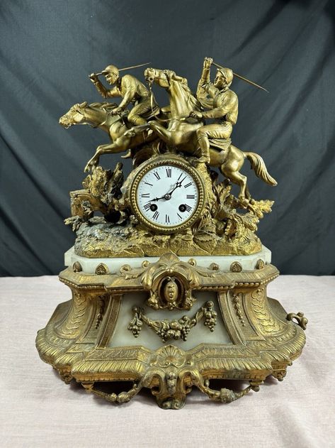 ANTIQUE FRENCH JAPY Freres Gilt-Bronze Mantel Clock Horse Racing Fully Restored $2,023.35 - PicClick CA Racing Design, Shelf Clock, Mantel Shelf, Desk Clock, Mechanical Movement, Mantel Clock, Roman Numerals, Horse Racing, Victorian Era