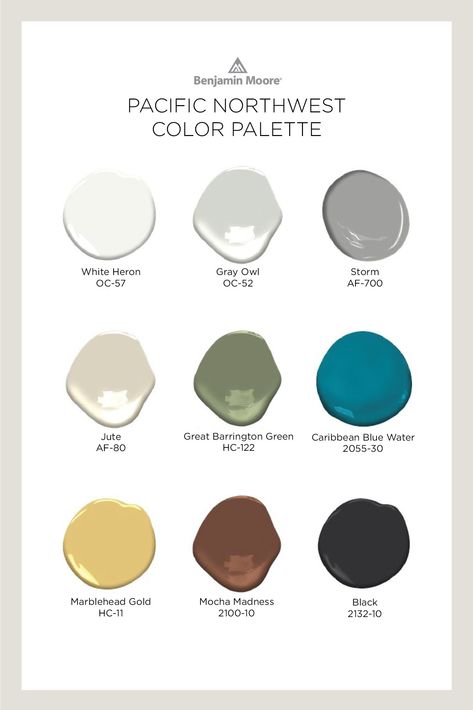 Pacific Northwest Paint Colors, Pnw Paint Colors, Pacific Northwest Color Palette, Pacific Northwest Style Home, Benjamin Moore Palette, Pnw Cottage, Best Interior Paint Colors, Color Palette Benjamin Moore, Moody Backdrop