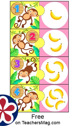 Monkey and Banana Number Matching Card Activity | TeachersMag.com Divlje Zivotinje, Zoo Activities Preschool, Farm Puzzle, Counting Activities Preschool, Shapes Worksheet Kindergarten, Monkey Puzzle, Zoo Activities, Dear Zoo, Money Activities