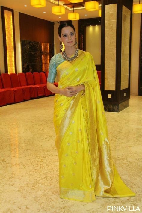 Lemon Yellow Saree With Contrast Blouse, Yellow Combination Outfits Indian, Yellow Contrast Color Dress, Yellow Saree Blouse Combination, Yellow Saree Look, Yellow Saree For Haldi, Blouse Front Neck Designs, Blouse Sleeves Design Latest, Blouse Front Neck