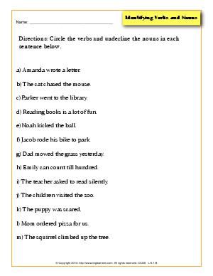 Worksheet | Identifying Verbs and Nouns | Circle the verbs and underline the nouns in each sentence. Action Verbs Worksheet, Verbs For Kids, Nouns Worksheet, English Activities For Kids, Verb Worksheets, Nouns And Verbs, Action Verbs, Simple Sentences, Sentence Writing