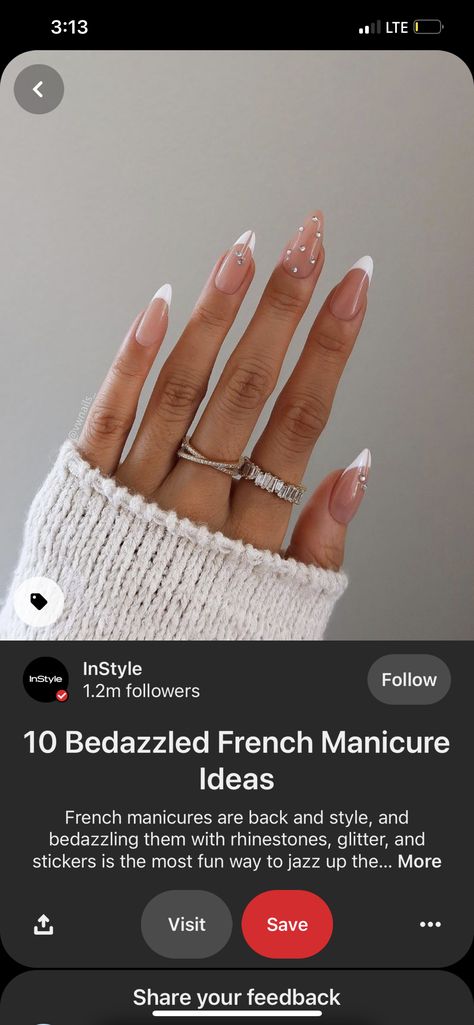 Bedazzle French Tip, French Tip Bedazzled Nails, Nail Ideas For Formal Event, Bedazzled French Tip Nails, Bedazzled Nails Rhinestones, French Coffin Nail Ideas, French Tip Acrylic Nails With Rhinestone, French Manicure With Rhinestones, French Nails With Rhinestones