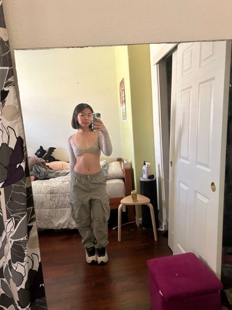 outfit inspiration summer neutral olive green gray ootd fitspo streetwear koleen diaz emma chamberlain bella hadid cute simple bob haircut asian Raf Simons Ozweego Outfit, Ruve Shop, Knit Bralette, Adidas Ozweego, Raf Simons, Outfit Details, Uniqlo, Cargo Pants, Bralette