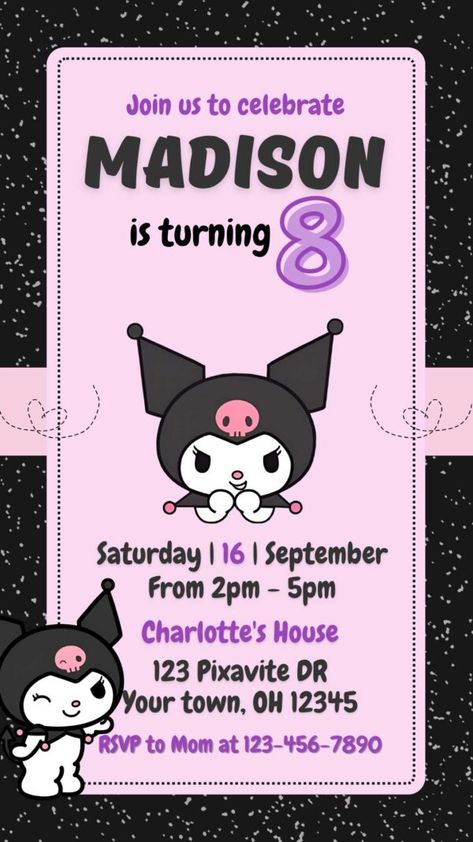 Kuromi Party Ideas, Kuromi Invitation, Kuromi Birthday Invitation, Kuromi Birthday, Birthday Invitation Background, Birthday Invitation Card Template, Promotion Card, Invitation Card Birthday, Invitation Background