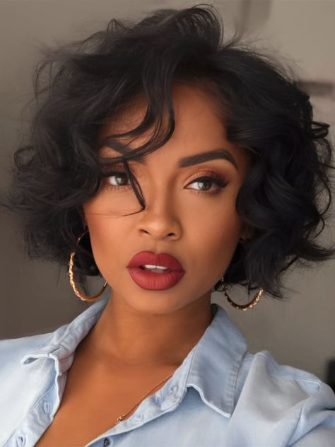 27 Trendy Short Bob Hairstyles for Black Women in 2024: Wigs, Natural Hair, Braids, Curls, and Dye Ideas Short Layered Bob Black Women, Short Black Hairstyles Shoulder Length, Quick Weave Highlights, Side Part Bob With Bangs, Fluffy Bob Black Women, Black Women With Short Hair, Bob Black Women, Short Hair Blowout, Fall Haircut