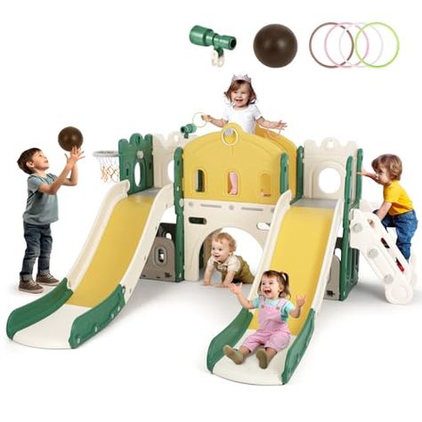 JOYLDIAS 9 in 1 Toddler Slide, Toddler Playground with Double Slides, Climber,Basketball Hoop,Tunnel, Telescope, Storage Space and Non-Slip Step, Indoor Outdoor Backyard Playset for Toddlers Age 1-3+ Kids Climber, Playground Climber, Toddler Playground, Toddler Climbers, Backyard Playset, Toddler Slide, Kids Play Set, Playground Set, Outdoor Play Equipment