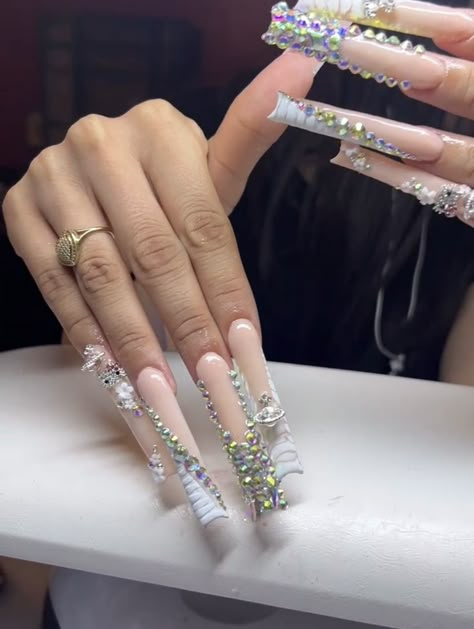 Long Nails With Jewels, Blinged Out Birthday Nails, Nail Pallet, Nails With Jewels, Historical Tattoos, Blessed Tattoos, Acrylic Nails At Home, Acrylic Toe Nails, Long Acrylic Nail Designs