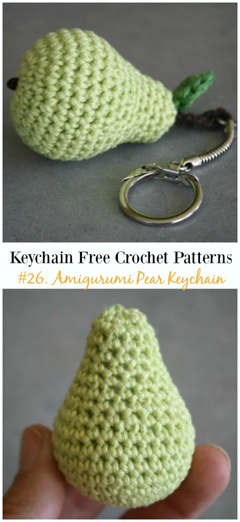 Amigurumi Pear Keychain Free Crochet  Pattern - #Keychain #Crochet Free Patterns Pear Crochet Pattern Free, Crochet Pear Fruit Pattern Free, Crochet Fruit Keychain Free Pattern, Keychain Patterns, Crochet Sloth, Crochet Bib, Crochet Free Patterns, Diy Amigurumi, Crochet Shoulder Bags