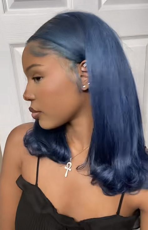 Blue Hair Silk Press, Navy Blue Natural Hair Black Women, Blue Black Hair Black Women, Royal Blue Hair Black Women, Blue Hair Dye Black Women, Dark Periwinkle Hair, Blue Black Hair Color Black Women, Dark Blue Hair On Brown Skin, Colors To Dye Ur Hair