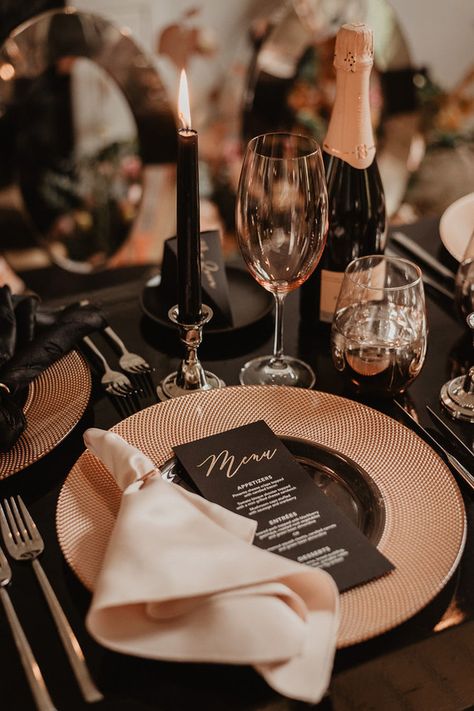 moody fall wedding inspiration with shades of coral and rust | Wedding & Party Ideas | 100 Layer Cake Peach And Black Wedding Theme, Copper And Black Wedding Decor, Brown Black Wedding Theme, Black And Bronze Wedding Theme, Cooper And Black Wedding, Rust Champagne And Black Wedding, Copper And Tan Wedding, Black Copper Cream Wedding, Black And Copper Wedding Table Settings