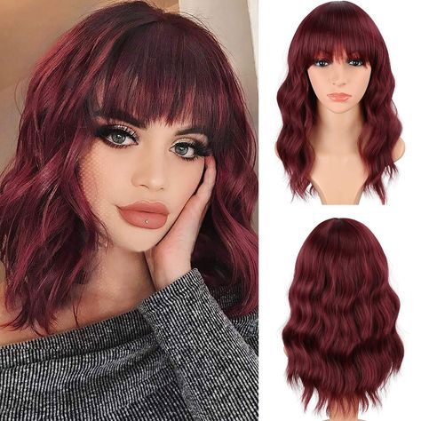 Short Dark Red Hair Burgundy, Short Curly Bangs, Hair Short Curly, Head Types, Bella Hair, Curly Bangs, Hair Wigs For Women, Hair Net, Happy Hair