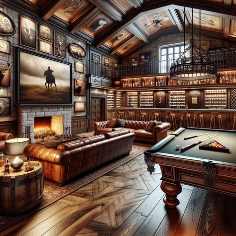 Experience the grandeur of this luxurious man cave, boasting vintage charm with a mahogany-paneled interior, antique billiards table, grand stone fireplace, and plush leather seating. Enjoy sporting history and classic art adorning the walls while sipping a drink from the well-stocked bar. #ManCave #VintageInterior #LuxuryLiving #HomeDesign #GameRoom #DecoratorInspo Pole Barn Man Cave, Classy Man Cave, Vintage Man Cave, Speakeasy Decor, Antique Billiards, Whiskey Lounge, Man Cave Design, Whiskey Room, Billiards Table