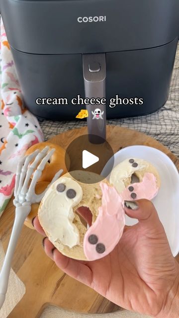 Andrea Clawson on Instagram: "Send to a friend who would love this hack 🥯 🎀 

Airfryer HACK: toast your bagels in the airfryer! I love that my @cosoricooks airfryer can pretty much do anything! 🥯 

Cream cheese ghost bagels 🥯 👻 Saw @addiegtaylor do this with toast and had to try my spin on it with mini bagels for the boys! 

Something easy + simple to do to make Halloween morning a little special 💫

Airfry bagels at 380° for 3 minutes, I used food coloring for the pink cream cheese ghost, but you could keep it white or use flavored cream cheese instead.  Eyes are chocolate chips 

share this airfryer hack with a friend and follow for more easy festive ideas! 

Check out @cosoricooks and the link in my bio to purchase your own airfryer and use code ANDREAC10 for 10% off your purchase! Flavored Cream Cheese, Halloween Morning, Flavored Cream Cheeses, Mini Bagels, Send To A Friend, Make Halloween, Bagels, Bento Box, Chocolate Chips