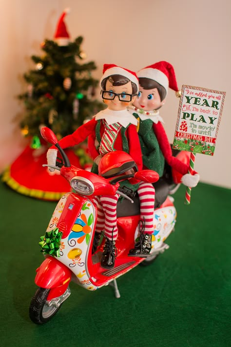 Elf on the Shelf Idea. "I've missed you all year, but I'm back to play, and I'm moving in until Christmas Day!" Elves riding on a moped scooter. Elf Arrival Idea. Elf Shelf Ideas, Elf On The Shelf Arrival, Elf Of The Shelf, Shelf Inspiration, Elf Arrival, Props Free, Diy Crafts For Teen Girls, Shelf Elf, Elf Shelf