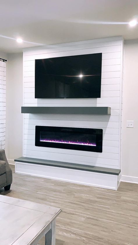 Fireplace Wall With Hearth, Diy Tv Wall Mount How To Build, Electric Fireplaces With Tv Above, Tv With Electric Fireplace Underneath, Shiplap Electric Fireplace Wall With Tv, Accent Wall With Fireplace And Tv, Modern Fireplace Ideas With Tv Feature Walls, Built In Electric Fireplace And Tv, Shiplap Wall Fireplace With Tv