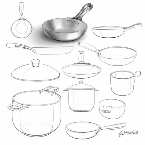 Simple Product Sketches, Pan Sketch, Pan Drawing, Cooking Drawing, Pencil Drawing Ideas, Basic Sketching, Product Visualization, Master Degree, Cmf Design