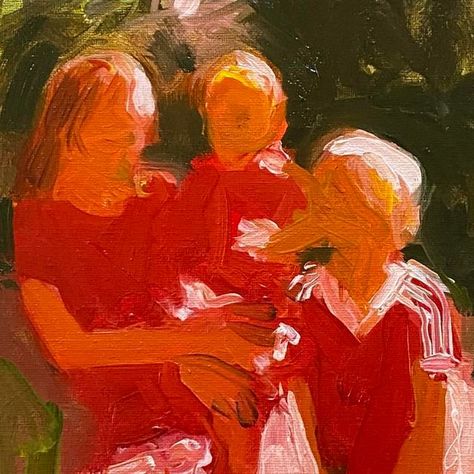 Noah Saterstrom on Instagram: "(Sold) “Three in Red”, oil on canvas, 12”x12”. Here’s another figure study available for $200 as part of the #artistsupportpledge. Thank you #artcollector #oilpainting #oiloncanvas #mississippi #ancestors #figurativepainting #studiovisit #kunst #arte #worksinprogress #contemporaryart #artcurator #figurestudy #oilsketch #artcommunity #nashvilleartist" Paintings Of Friends, Paintings Of People In Love, Oil Painting Studies, Growing Up Painting, Tryptich Art Ideas Inspiration, Oil Painting Abstract People, Childhood Artwork, Noah Saterstrom, Gouache Figure Painting