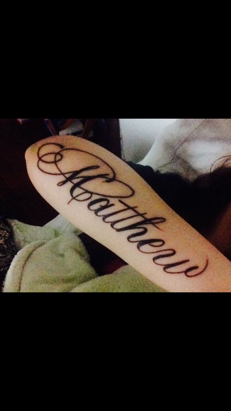 #tattoo #girlswithtattoos #armtattoo #matthew #agapeartcollective Matthew Tattoo Name, Matthew Name Tattoo, Matthew Tattoo, Matthew Name, Tatto Name, Short Pink Nails, Cursive Tattoos, Tattoo Outline, Name Tattoo