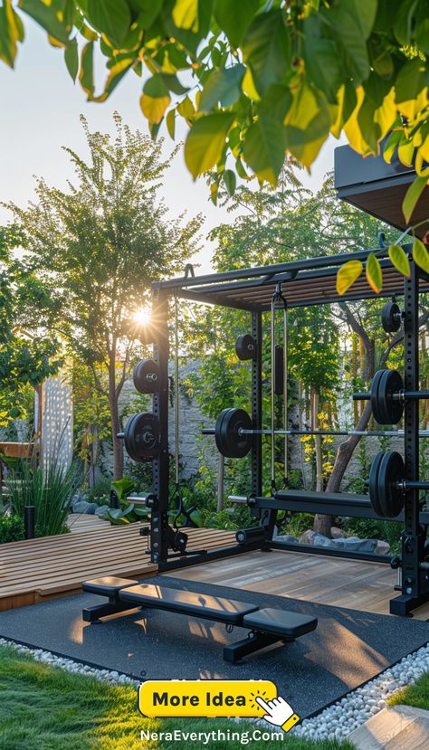 An outdoor home gym with a mix of fitness equipment and natural surroundings, creating a peaceful and motivating space for workouts. Outdoor Yoga Space, Yoga Spaces At Home, Home Gym On A Budget, Gym Etiquette, Home Gym Setup, Gym Setup, Workout Space, Yoga Space, Outdoor Yoga