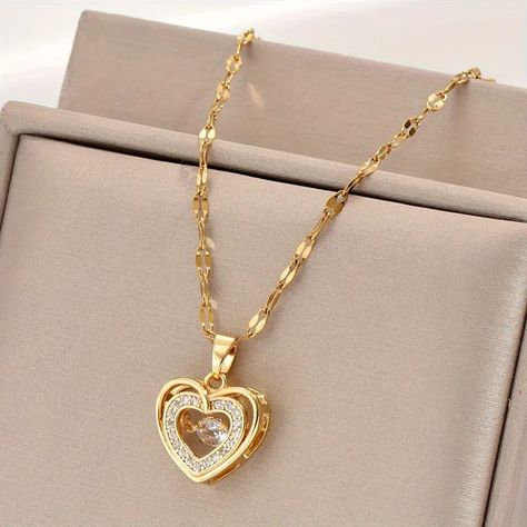 Golden Stainless Steel Three dimensional Double Layer - Temu Heart Pendent, Double Necklace, Double Layer Necklace, Rhinestone Fashion, Golden Necklace, Necklace Men, Pave Pendant, Layer Necklace, Pendent Necklace