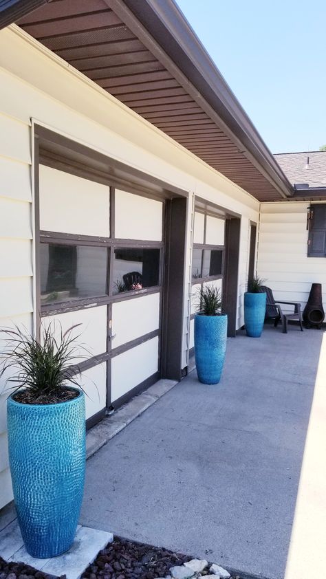 Planters In Front Of Garage, Garage Planters, Ceramic Pottery Planters, Fountain Grass, Blue Planter, Tall Planters, Exterior Remodel, Caribbean Blue, Pottery Planters