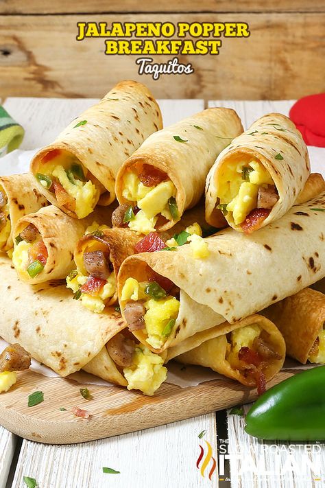 Jalapeno Popper Breakfast Taquitos are loaded with creamy eggs, jalapenos, bacon, sausage and ooey gooey cheese. They are perfectly satisfying and bursting with flavor. This simple recipe couldn't possibly get much better than that. Except you can make these ahead and warm them up for the perfect weekday breakfast! SCORE!!! Jalapeno Breakfast, Breakfast Pinwheels, Breakfast Taquitos, Breakfast Burritos Recipe, Weekday Breakfast, Creamy Eggs, The Slow Roasted Italian, Good Morning Breakfast, Bacon Sausage