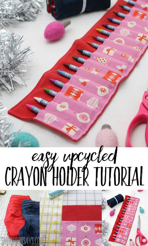 Sew a stocking stuffer with this easy upcycled crayon holder diy tutorial! Upcycle old jeans and see how to sew a crayon roll with this beginner sewing tutorial. Crayon Holder Diy, Sew A Stocking, Creative Upcycling, Diy Crayons, Crayon Roll, Crayon Holder, Sewing Projects Free, Handmade Stocking, Upcycling Ideas