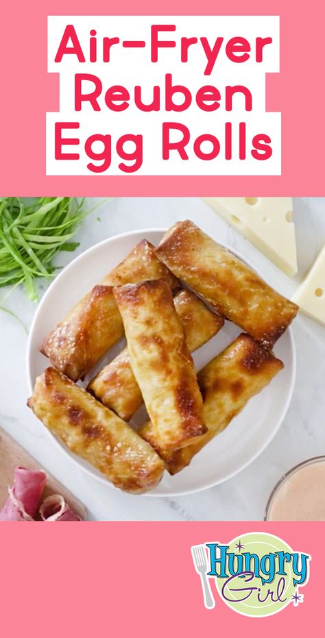 Healthy Air-Fryer Reuben Egg Rolls Recipe | Hungry Girl Reuben Egg Rolls, National Potato Chip Day, Healthy Egg Rolls, Air Fryer Recipes Potatoes, Air Fryer Pork Chops, Hungry Girl Recipes, Recipes Air Fryer, Egg Roll Wrappers, Egg Roll Recipes