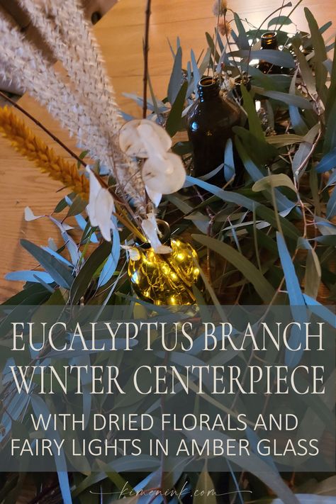 Easy DIY: Yard cut Eucalyptus wired into a garland surrounds amber glass bottles with dried florals and fairy lights. Layer Cheesecake, Holiday Dips, Winter Centerpiece, Favorite Holiday Desserts, Diy Cookbook, Mini Crates, Winter Centerpieces, Christmas Program, Birch Branches