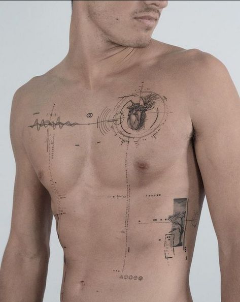 Geometric Line Tattoo, Bright Tattoos, Single Needle Tattoo, Sacred Geometry Tattoo, Cool Chest Tattoos, Geometry Tattoo, Fine Line Tattoo, Chest Tattoo Men, Line Tattoo