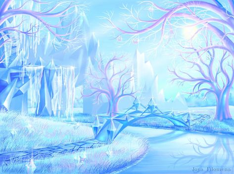 Ice garten by Joya-Filomena on DeviantArt Frozen Scenery Disney, Auroracore Aesthetic, Frozen Palace, Dunia Disney, Bridge Wallpaper, Frozen Wallpaper, Anime Places, Fantasy Background, Fantasy Places