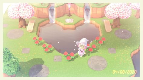 Acnh Water Feature, Heart Shaped Pond Acnh, Animal Crossing Fountain Ideas, Acnh Heart Waterfall, Animal Crossing Waterfall Ideas, Acnh Heart Pond, Acnh Pond Idea, Acnh Waterfall Idea, Animal Crossing Fountain