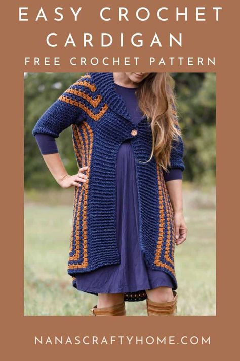 Introducing the perfect beginner-friendly crochet blanket cardigan! A free crochet pattern by Nana's Crafty Home! Crochet a stunning navy-blue cardigan accentuated with vibrant burnt orange stripes. A cozy, stylish piece that drapes effortlessly, making it an essential addition to your wardrobe. Whether you're a seasoned crocheter or just starting out, this design promises both simplicity and elegance. Blanket Cardigan Pattern, Crochet Blanket Cardigan, Cocoon Cardigan Pattern, Cardigan Pattern Crochet, Crochet Pattern Blanket, Crochet Duster, Crochet Cardigan Tutorial, Crochet Cardigan Free, Crochet Cocoon