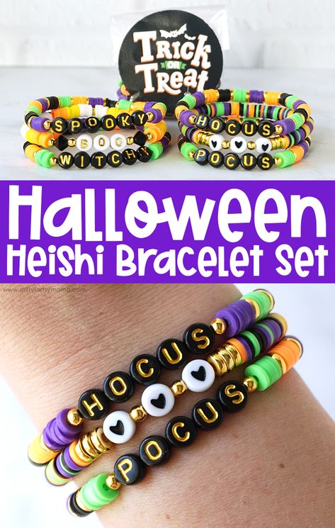 Halloween Heishi Bracelet Set #halloween #halloweenfashion #heishi #heishibracelets #teencrafts #halloweencrafts #hocuspocus #halloweenparty #partyfavor #halloweendiy #diyjewelry Halloween Heishi Earrings, Clay Bead Halloween Bracelet Ideas, Halloween Bracelets Diy, Hocus Pocus Bracelet Ideas, Fall Inspired Bracelets, Halloween Heishi Bracelet Ideas, Halloween Bracelets Clay Beads, Heishi Bracelet Ideas Fall, Halloween Heishi Bracelet