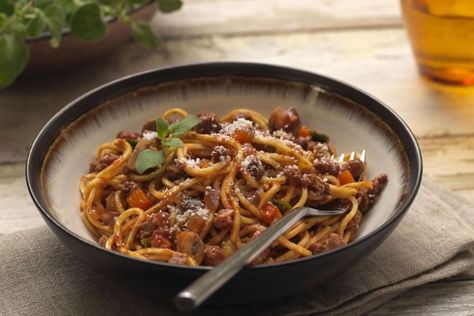 Quorn spaghetti bolognese - Netmums Vegetarian Spaghetti Bolognese, Quorn Recipes, Tomato Lentils, Spaghetti Bolognese Recipe, Lentil Bolognese, Bolognese Recipe, Mince Recipes, Veggie Meals, Veggie Food