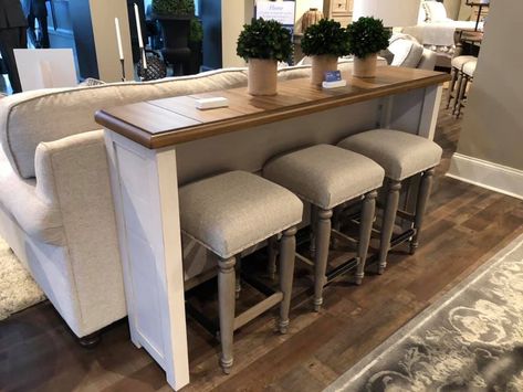 Behind Couch Table With Chairs, Table Behind Couch With Stools, Sofa Table With Seating, Back Of Couch Ideas, Bar Table Behind Couch, Bar Couch, Behind Sofa Table, Meja Sofa, Tiny House Living Room