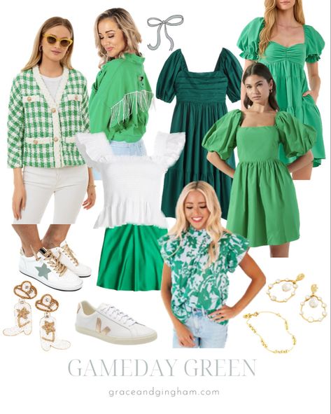 Unt Game Day Outfits, Green Tailgate Outfit, White Football Game Outfit, Green Game Day Outfit, Green Gameday Outfit, Baylor Game Day Outfit, Gameday Fits, College Tailgate, College Gameday Outfits