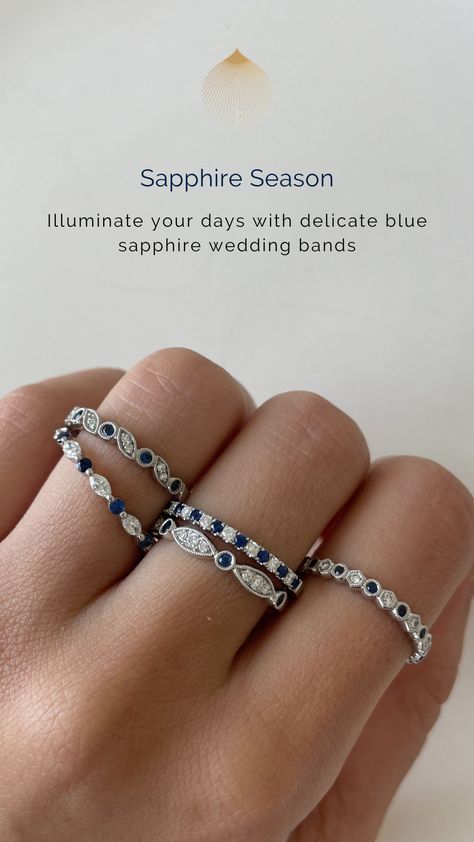 Following one of the hottest trends in fine jewelry, these blue sapphire wedding bands will look great on their own or matched with your Sylvie engagement ring. They feature a mix of shapes and alternation diamonds and blue sapphires, giving a true chic appearance. Each blue sapphire ring can also be customized with any other stackable band for a fun fashionable look. Illuminate your days with delicate blue sapphire wedding bands | SYLVIE | Wedding Bands for Women Sapphire Wedding Bands, Sylvie Engagement Rings, Blue Sapphire Wedding Band, Stackable Diamond Bands, Platinum Diamond Wedding Band, Couple Ring Design, Wedding Bands For Women, Sapphire And Diamond Band, Gemstone Wedding