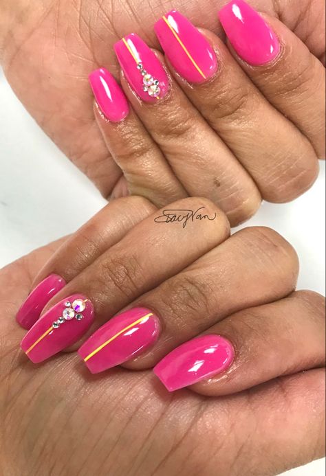 Pink With Gems Nails, Pink Nails Neon, Gems Nails, Summer Nails Neon, Neon Yellow Nails, Nails Neon, Hot Pink Nails, Bling Acrylic Nails, Yellow Nails