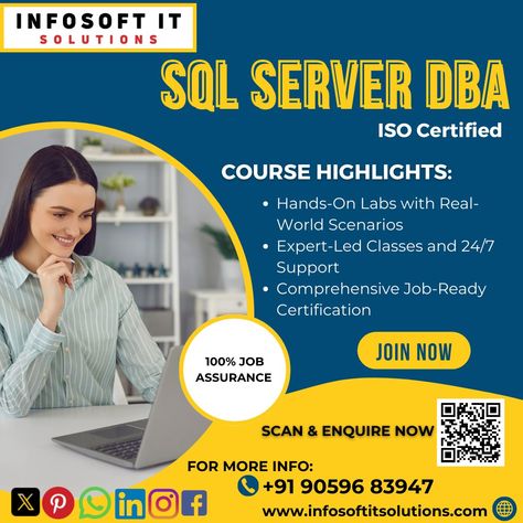 Elevate your career with our SQL Server DBA Training! Gain hands-on experience, expert guidance, and job-ready skills. Join our community of successful DBAs and unlock your potential. Enroll now! #SQLServer #DBATraining #CareerBoost #TechSkills #LearnSQL #FutureReady #Infosoftitsolutions #Hyderabad For Enquiry click the link - https://forms.gle/pB8hUYbBhbSFFi3R9 For Joining the Telegram channel click the link - https://t.me/+m4fFr_AxZPUzYjg1 Learn Sql, Enroll Now, Sql Server, It Solutions, Unlock Your Potential, Telegram Channel, Hyderabad, Hands On, Career