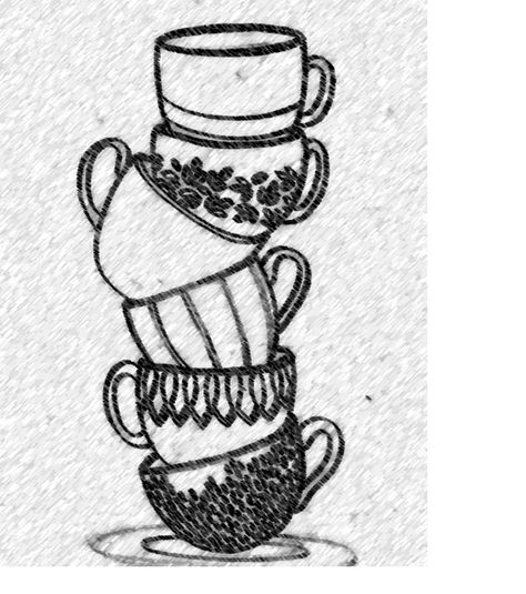 Stacked Cups Stack Of Cups Drawing, Tea Cups Stacked, Stacked Cups Drawing, Teacup Stack Tattoo, Stacked Tea Cups, Alice In Wonderland Drawings, Urban Sketch, Machine Embroidery Projects, Art Diary