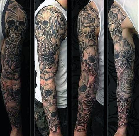 Gentlemen With Skull Tattoo Sleeve Skull Arm Tattoo, Tattoo Sleeve Themes, Black Sleeve Tattoo, Men Masculine, Skull Rose Tattoos, Skull Sleeve Tattoos, Skull Sleeve, Full Sleeve Tattoo Design, Half Sleeve Tattoos For Guys