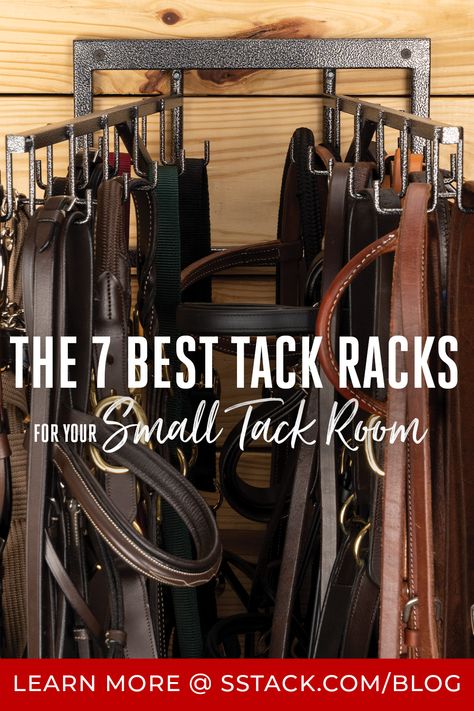 If you have a smaller-sized tack room, you might be stuck wondering how to make the most of your space, especially regarding your saddles and bridles. We provided our top 7 tack racks for small tack rooms below, so you can start organizing in no time! Tack Room Helmet Storage, Saddle Room Ideas, Tack Shed Ideas Design, Horse Halter Storage, Horse Tack Shed Ideas, Tackroom Storage, Tack Room Storage Ideas, Trailer Tack Room Organization, Tack Room Ideas Diy