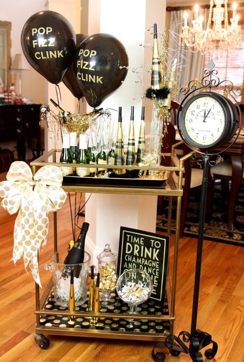 New Year’s Eve Bar Cart Party! » Apartment Living Blog » ForRent.com : Apartment Living Decoration Buffet, Bar Cart Styling, Cart Decor, Trendy Bar, New Year's Eve Celebrations, Bar Cart Decor, Nye Party, Web Images, New Years Eve Decorations