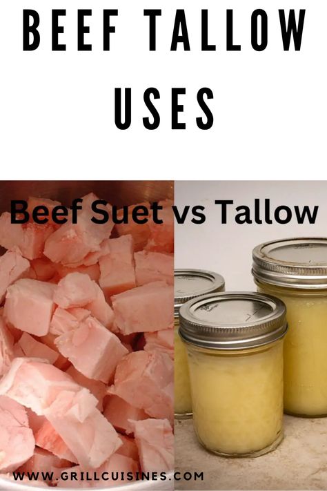 Beef tallow is a rendered fat that is made by melting down the hard fat that surrounds the kidneys and loins of cows, which is called suet. Once the suet is melted down, it separates into two parts: the liquid fat, which is called beef tallow, and the solid pieces of protein and connective tissue, which are called cracklings. beef tallow | what is tallow | tallow uses | uses of tallow | beef tallow recipes | beef tallow uses What To Do With Beef Fat Trimmings, Beef Suet Uses, Pressure Canning Beef Tallow, Rendering Beef Tallow, Beef Tallow Uses Cooking, Beef Suet Recipes, Recipes Using Beef Tallow, Uses For Beef Tallow, How To Render Beef Fat For Tallow