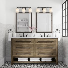 Shop allen + roth Kennilton Gray Oak Double Sink Vanity with Carrera White Engineered Stone Top (Common: 60-in x 22-in) at Lowes.com Double Sink Bathroom Ideas, Rectangular Bathroom Mirror, Vanity Light Fixtures, Double Sink Bathroom, Double Sink Vanity, Allen Roth, Bathroom Sconces, Double Sink Bathroom Vanity, Vanity Lights