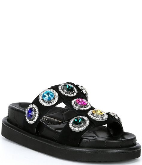 Orson Leather Oversized Rainbow Studded Jewel Slide Sandals | Dillard's Crystal Sandals, Jeweled Sandals, London Shoes, Leather Slide Sandals, Rainbow Crystal, Trendy Sneakers, Comfy Shoes, Suede Sandals, Studded Leather