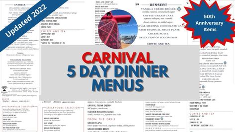 Carnival 5 Day Dinner Menus · Prof. Cruise Cruising Essentials, Carnival Cruise Food, Carnival Valor, Carnival Glory, Jamaica Cruise, Carnival Liberty, Carnival Spirit, Cruise Food, Cruise 2023