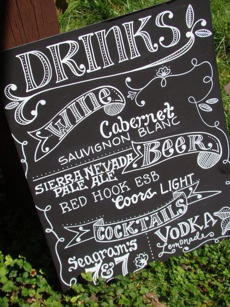 Chalkboard Bar, Chalk Menu, Drinks Sign, Chalk Sign, Chalkboard Lettering, Chalk Lettering, Gold Wedding Theme, Menu Boards, Chalkboard Designs